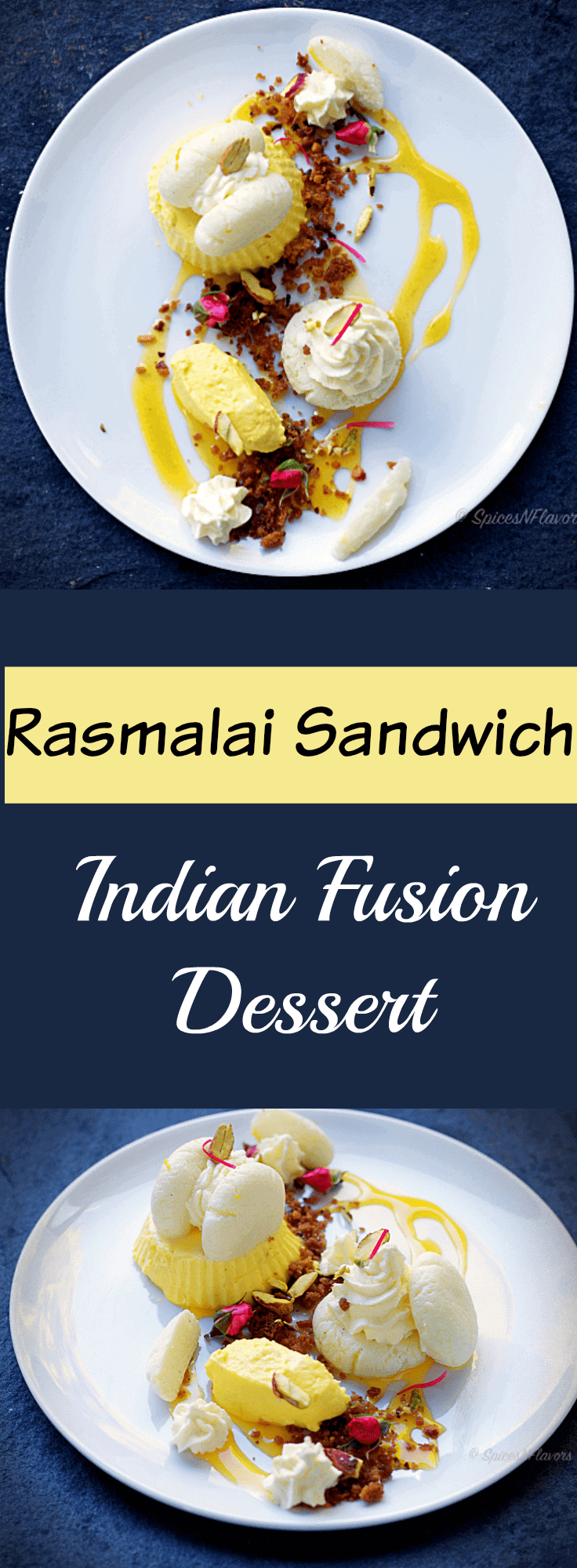 Malai Sandwich with Kesar Mousse Cardamom Crumble and Passionfruit Coulis indian fusion dessert rasmalai