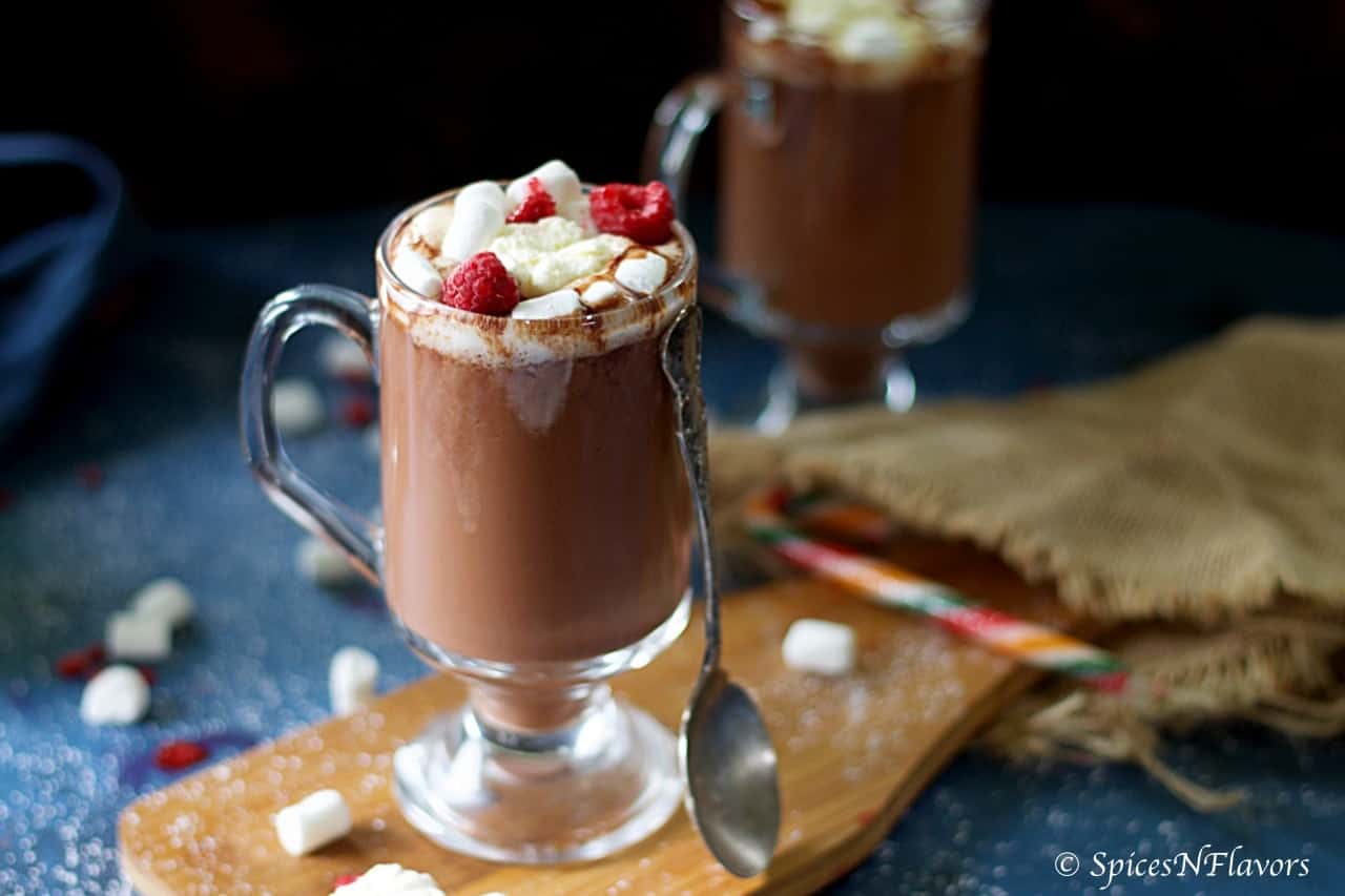 horizontal image of raspberry hot chocolate drink