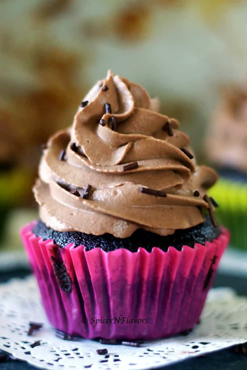 close up view of chocolate whipped cream frosting 