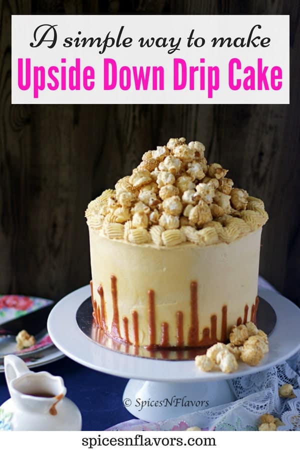 pin image of upside down drip cake from eggless chocolate caramel cake 