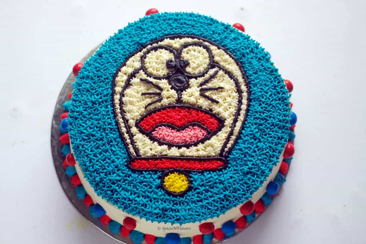 close up view of Doraemon Cake tutorial step by step birthday cake
