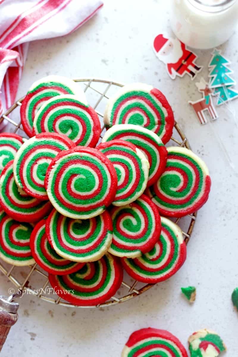 close up view of christmas pinwheel cookies