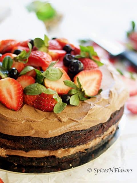 horizontal image of one bowl chocolate cake