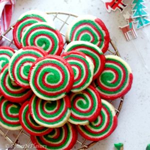 close up view of christmas pinwheel cookies