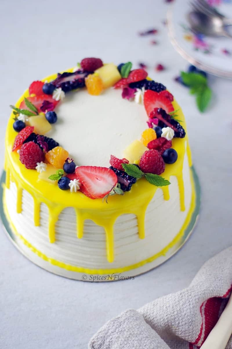 Eggless Fresh Fruit Cake with Whipped Cream - Spices N Flavors