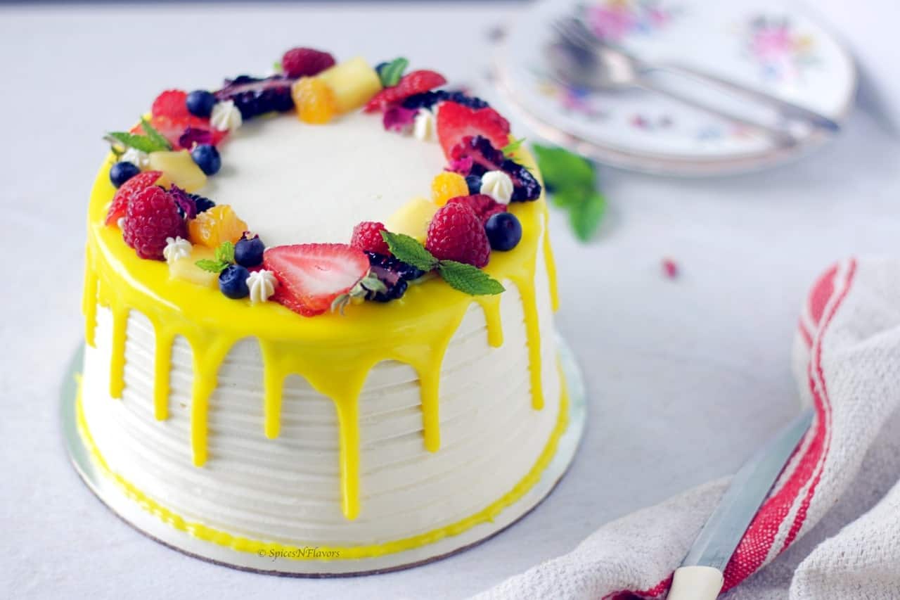 Eggless Fresh Fruit Cake with Whipped Cream - Spices N Flavors