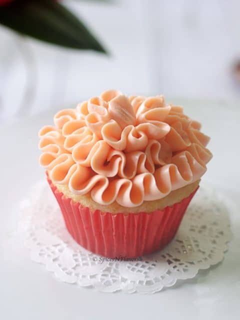 single strawberry filled cupcake image showing the ruffle pattern