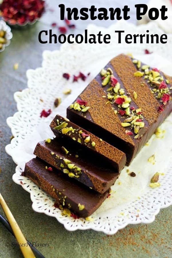 block of instant pot chocolate terrine with slices placed on a white oval plate