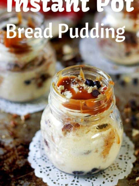 straight view of instant pot bread pudding made in jars