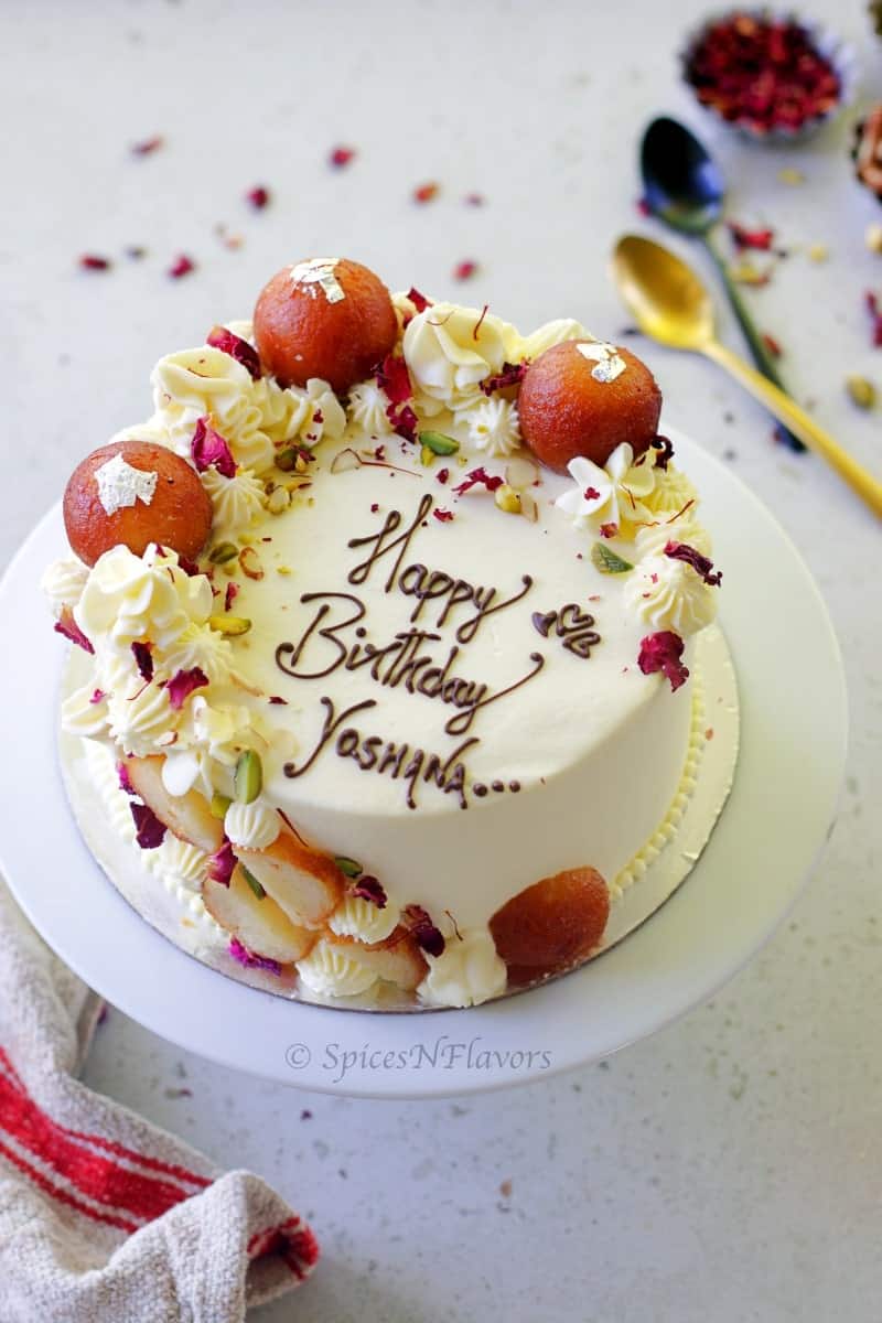 overhead view of gulab jamun cake showing the design on top