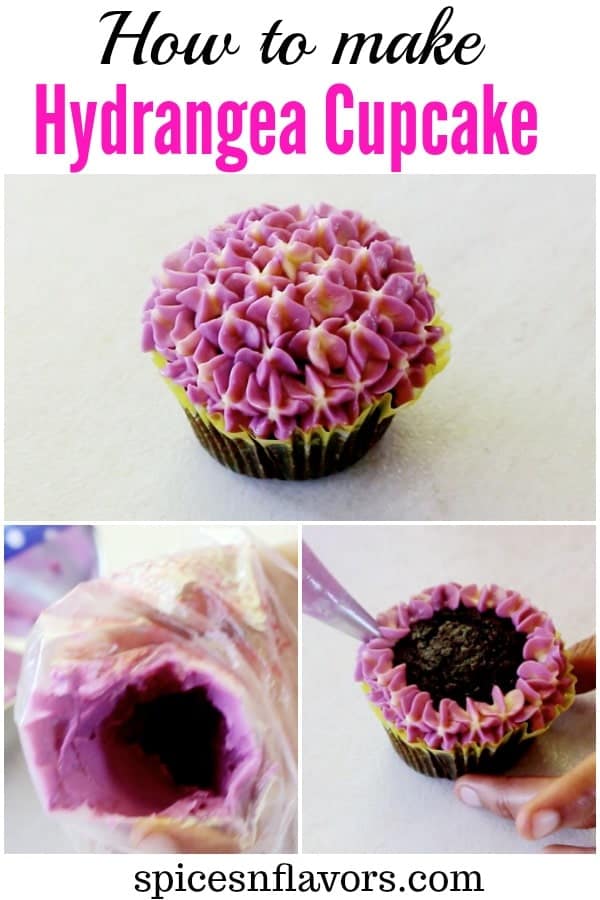 pictorial tutorial of hydrangea cupcake of buttercream flowers