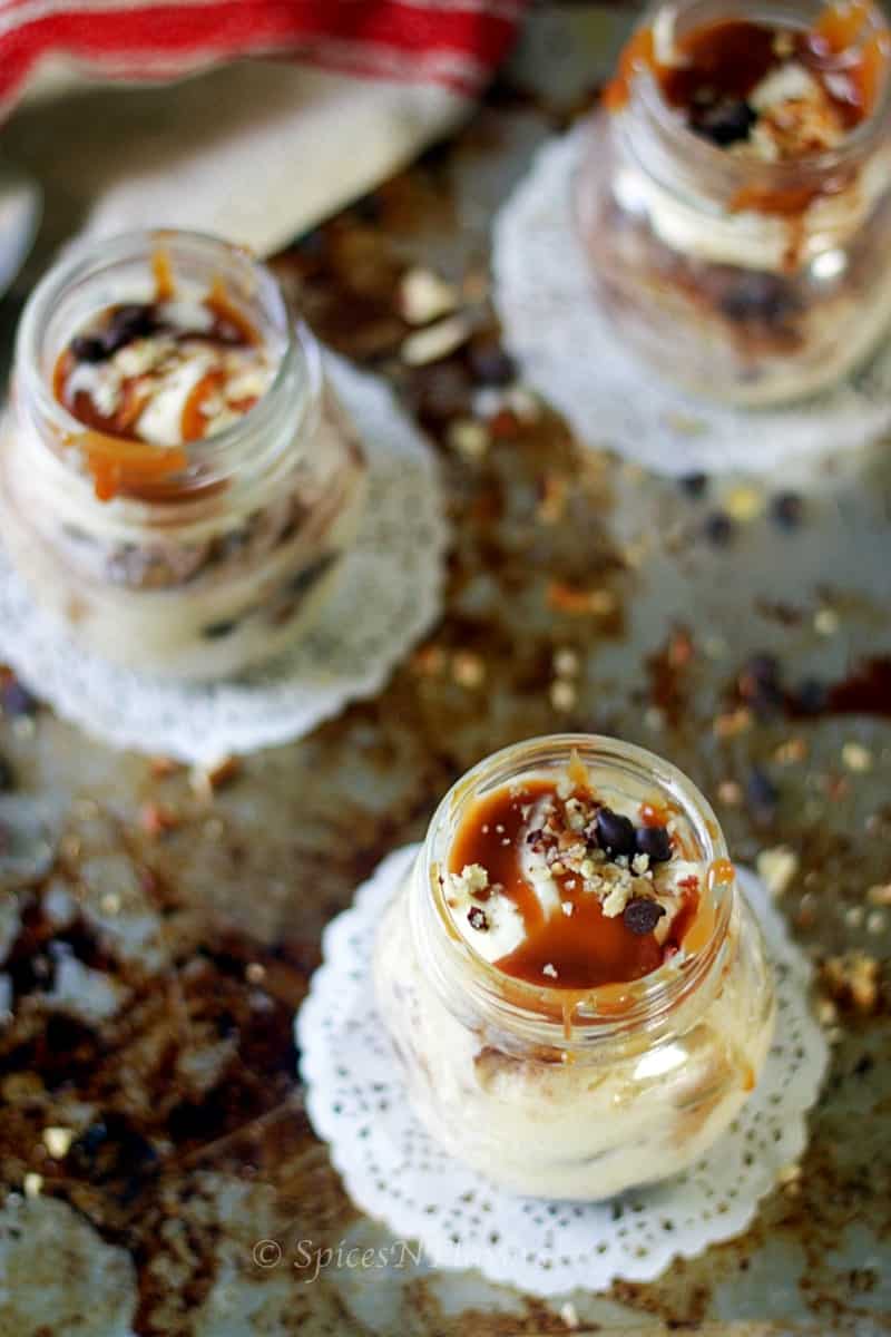 overhead view of instant pot bread pudding in jars