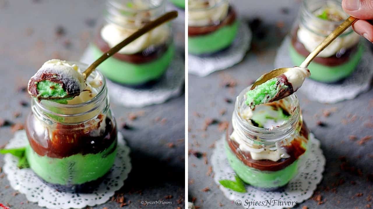 spoon showing the texture of instant pot mint cheesecake jars