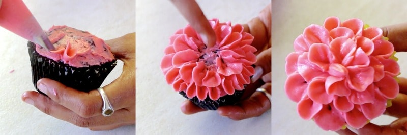 pictorial tutorial of petal flower cupcake of buttercream flowers