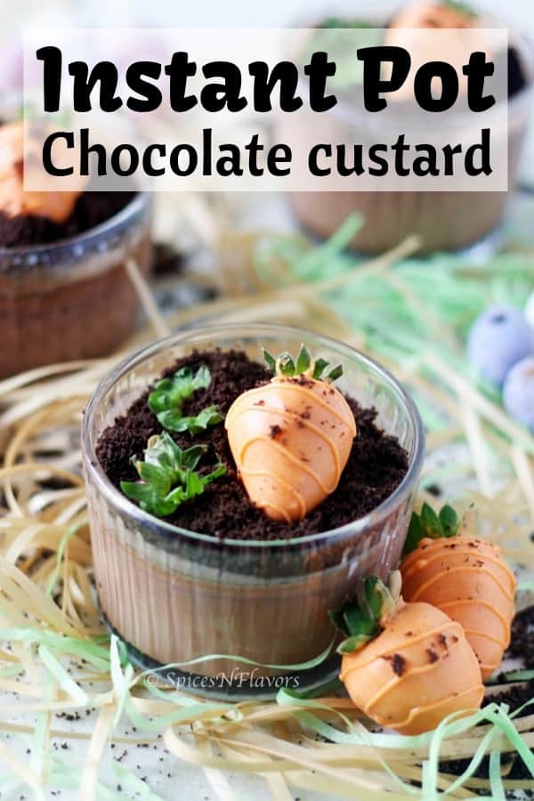 image showing instant pot chocolate custard topped with oreo soil and carrots