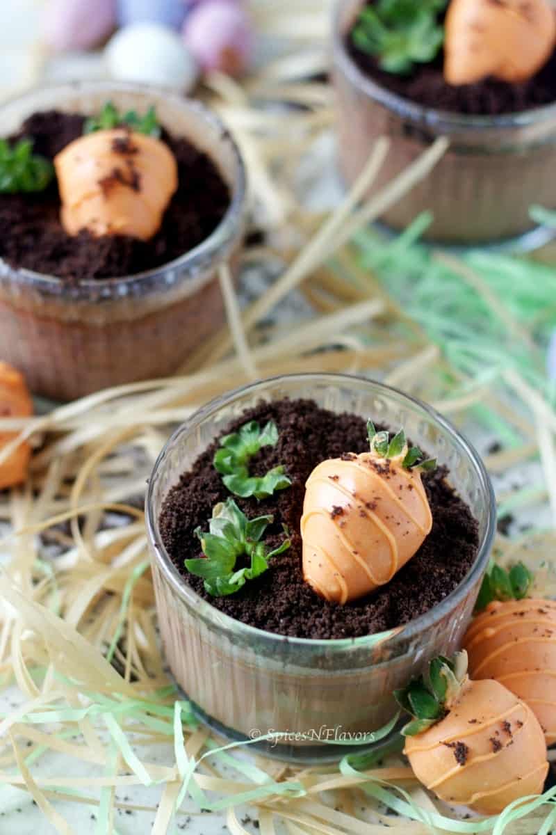 another view of instant pot chocolate custard also covering the easter eggs used as decoration