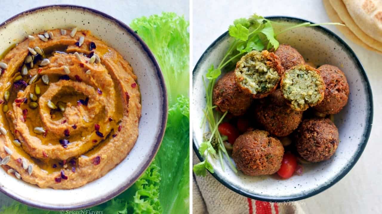 image showing hummus and falafel in a bowl to be served with instant pot whole wheat pita bread