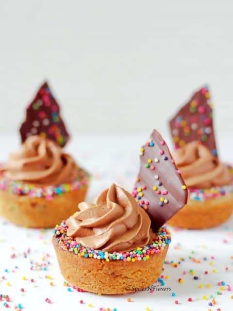 Eggless Chocolate Chip Cookie Cups filled with mousse