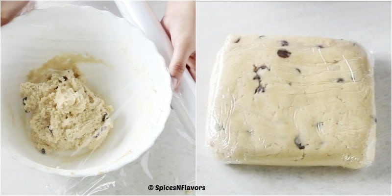 collage of steps showing how to store the cookie dough
