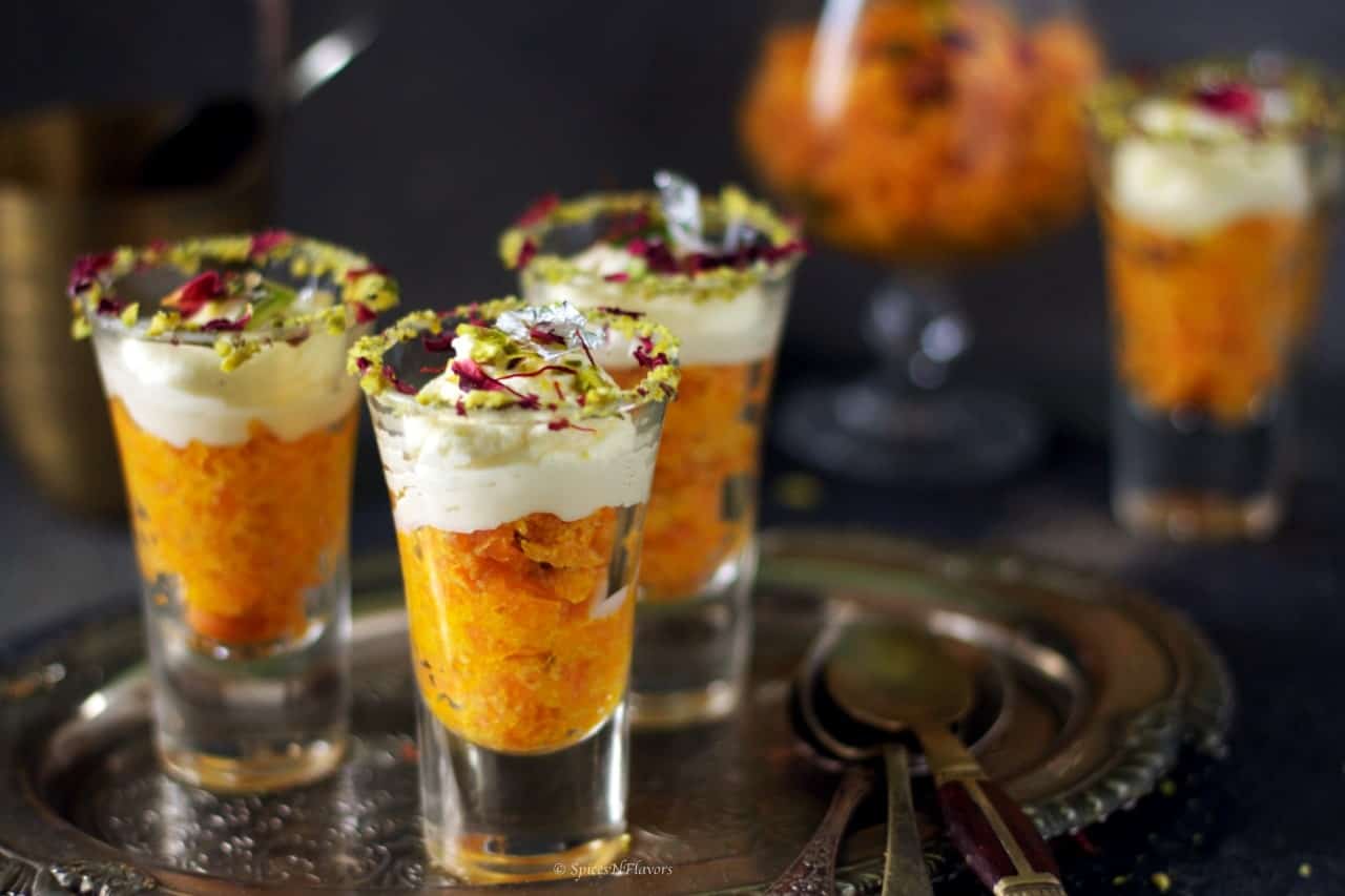 close up image of the halwa served in the shot glasses