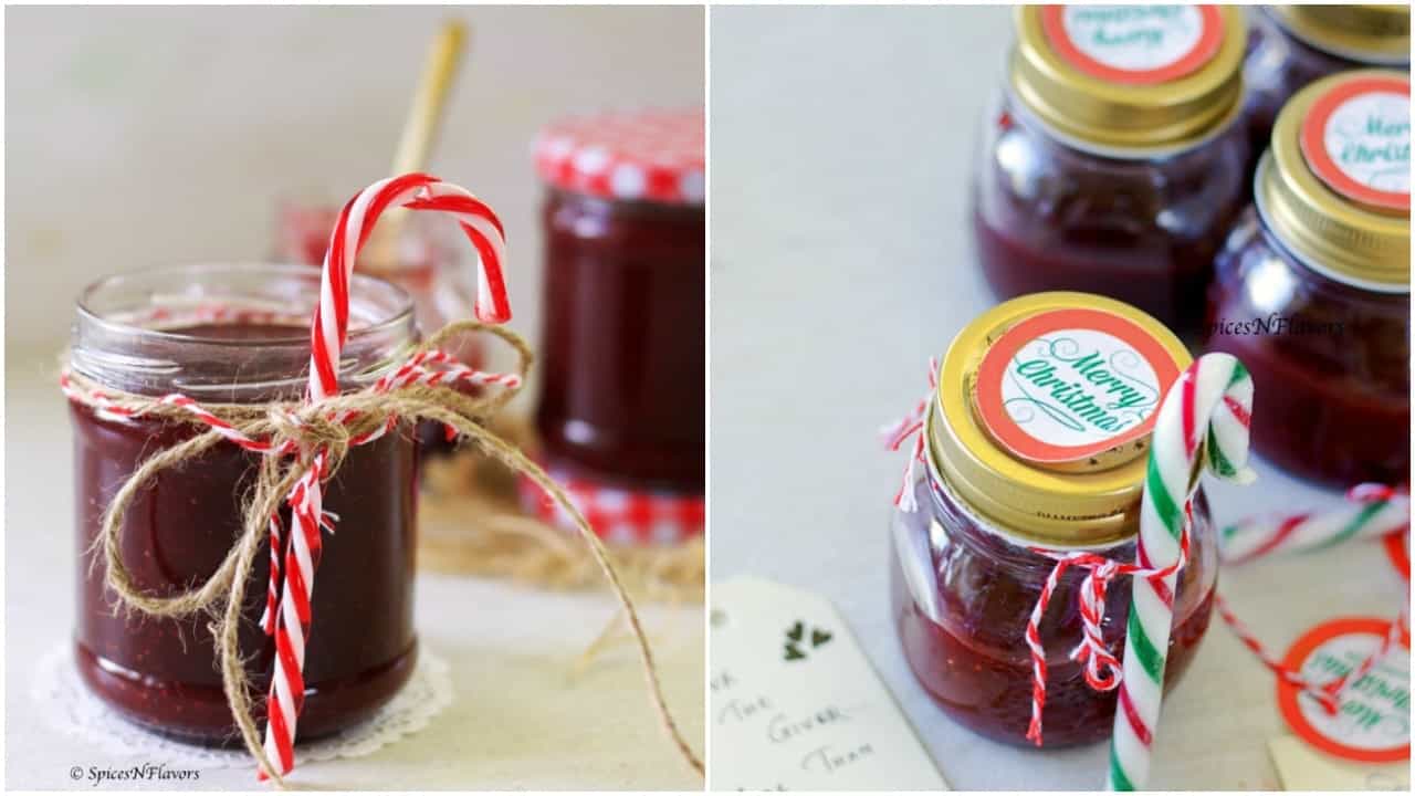 A collage of Christmas jam served in a small mason jar on the left and cute little mason jars on the right with merry christmas stickers on top 