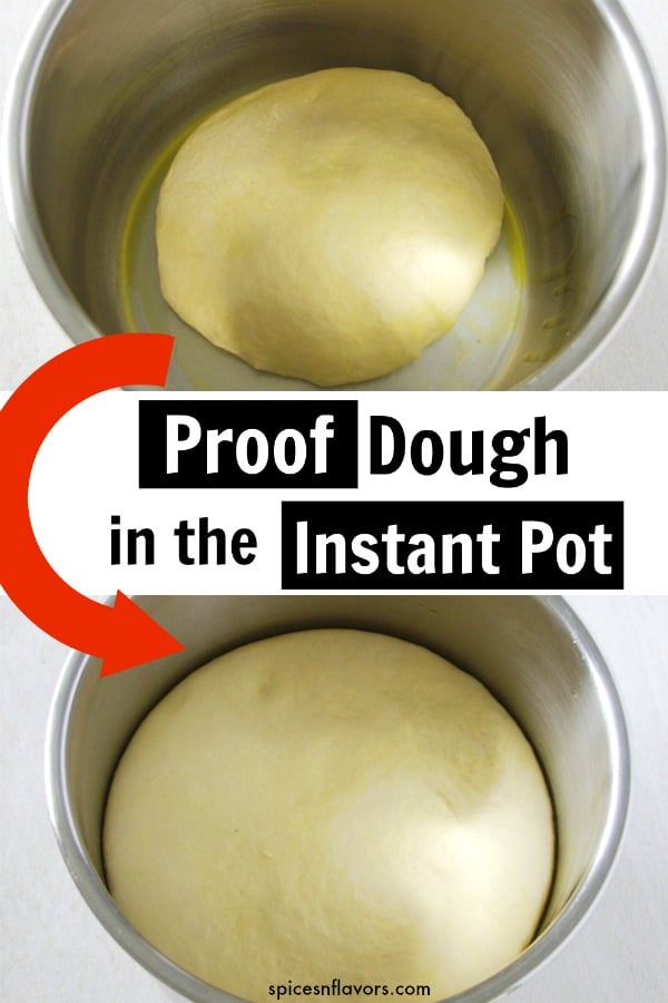 before and after image of bread dough proofed in Instant Pot