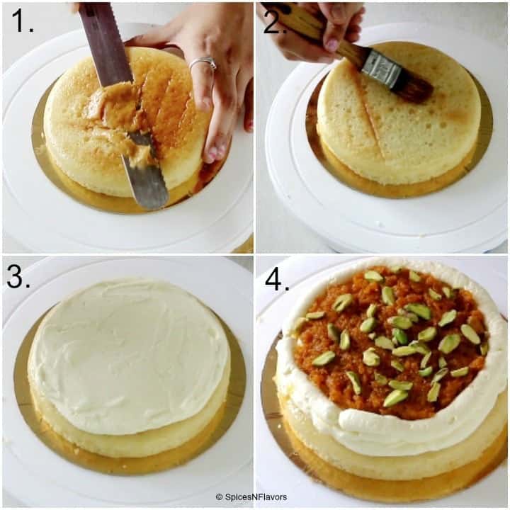 a collage of steps showing the levelling of cake, soaking it with syrup and the filling of cream, gajar halwa and pistachios