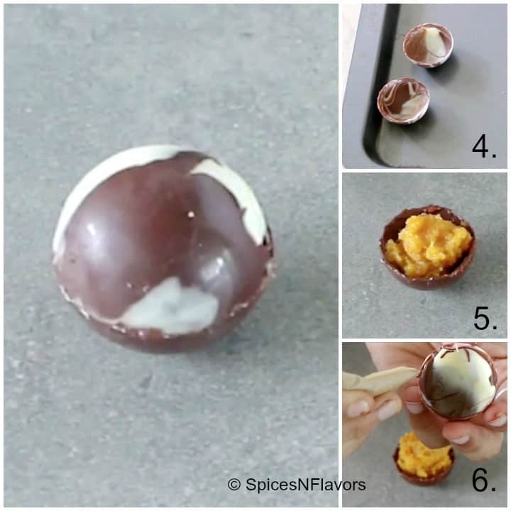 step by step picture showing how to fill chocolate spheres with gajar halwa