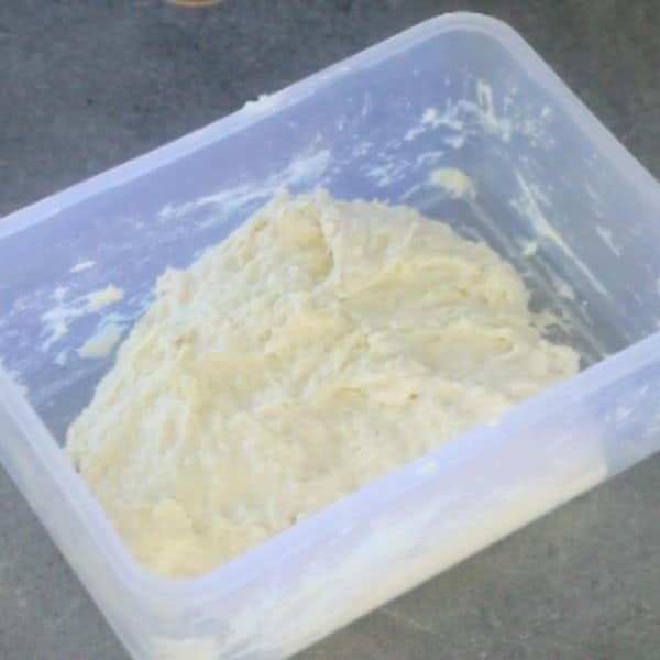 shaggy mass of dough place in a large container 
