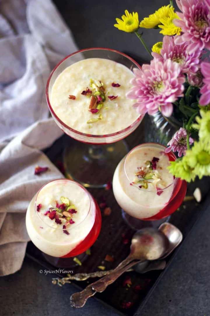 overhead shot of the kheer placed in glasses to show the creamy texture of it