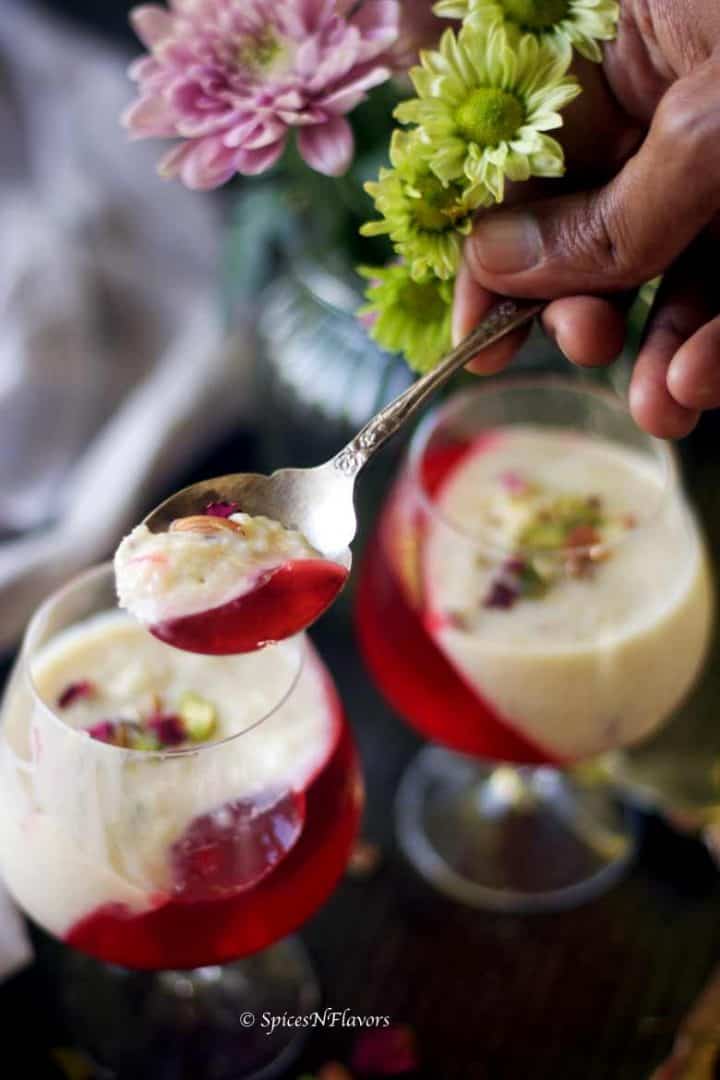 image of kheer and jelly in a spoon to show the texture and colour