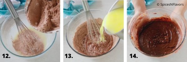 combine the dry and wet ingredients to make the cake