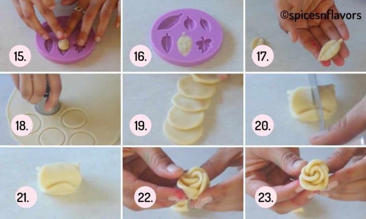 a collage of steps to make roses and leaves from the dough