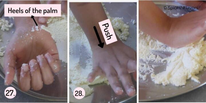 images showing how to knead chenna using the heels of your palms