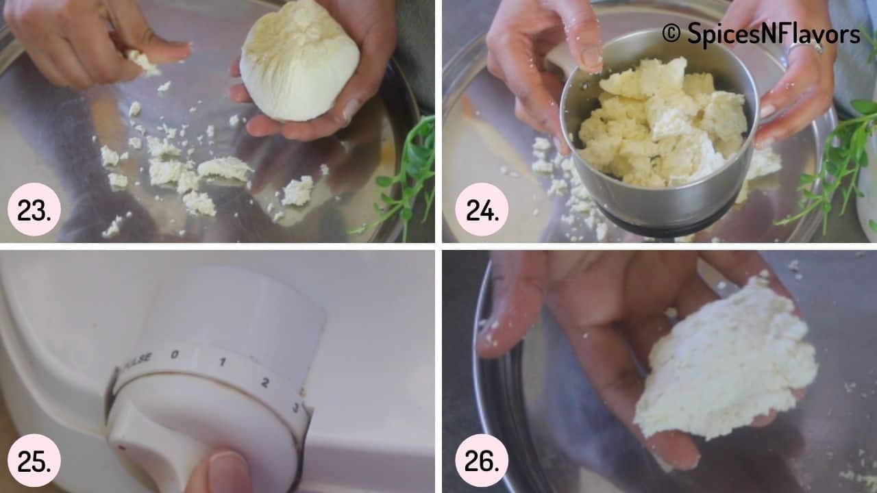 images showing how to pulse the paneer in the mixer to a soft dough