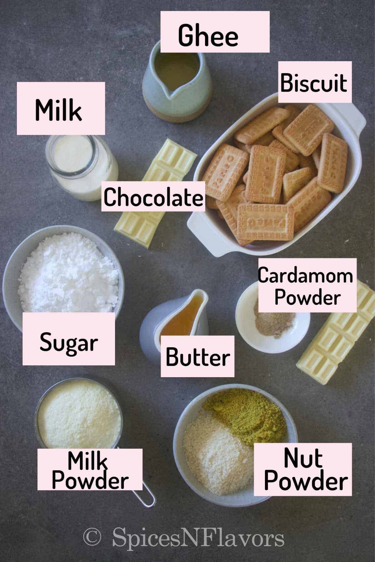 ingredients needed to make the burfi are arranged on a tile