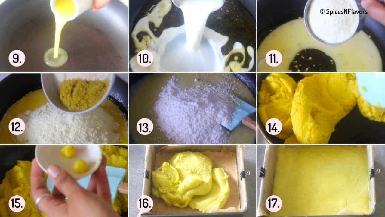 collage of images showing steps for making burfi layer
