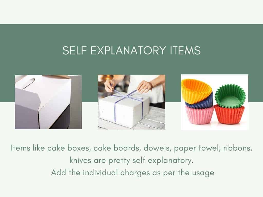 image of cake board, cake box, cupcake liners included in the self explanatory category for cake pricing