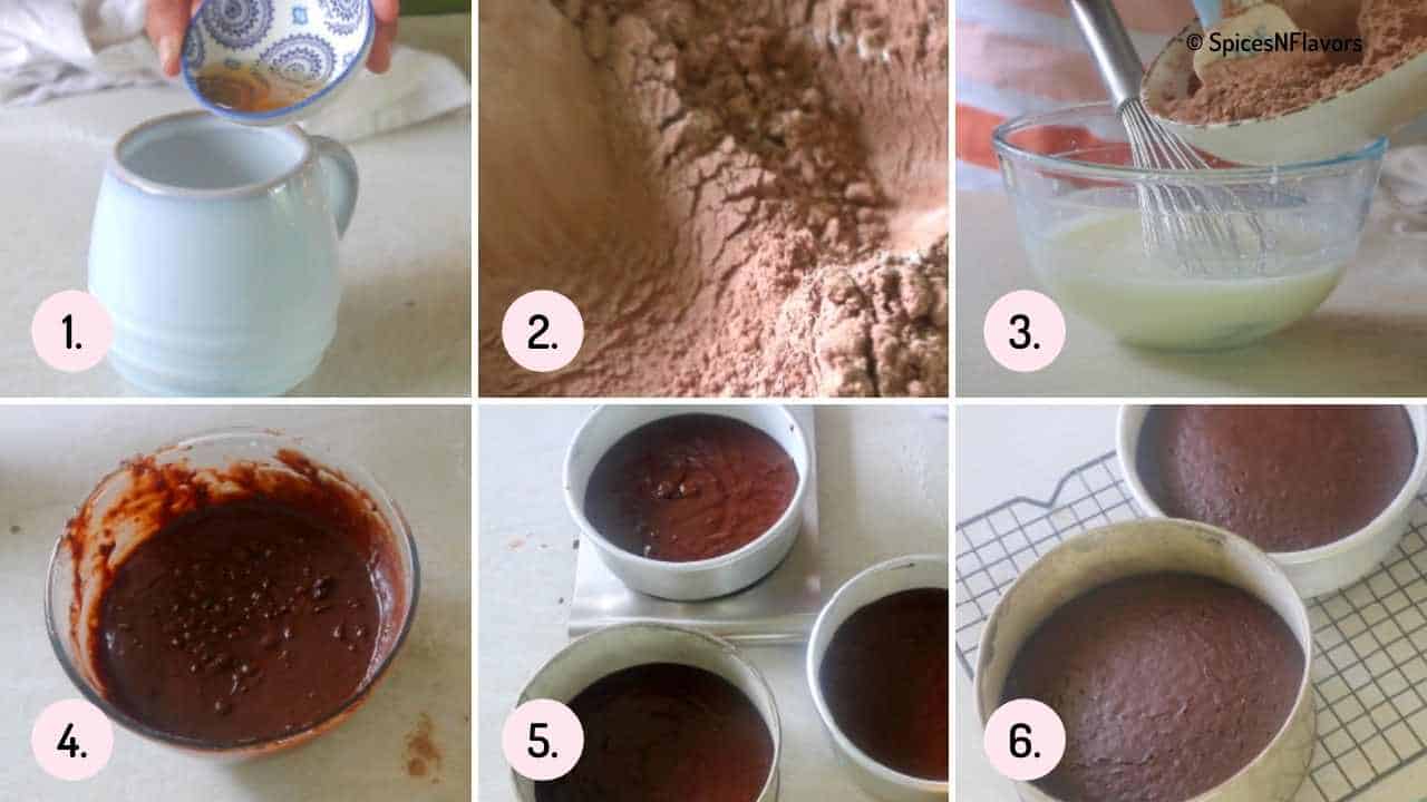 collage of steps explaining how to make chocolate cake base