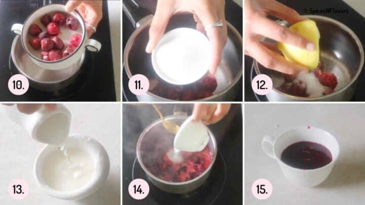 collage of step explaining how to make cherry compote