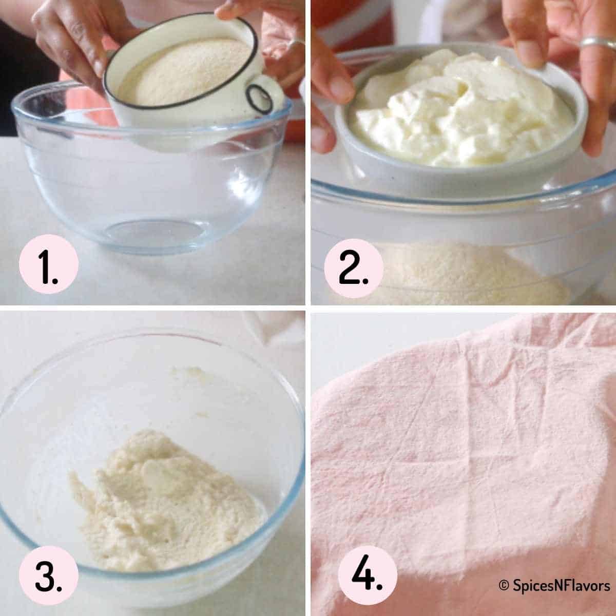 collage of steps to soak the rava alongwith yogurt