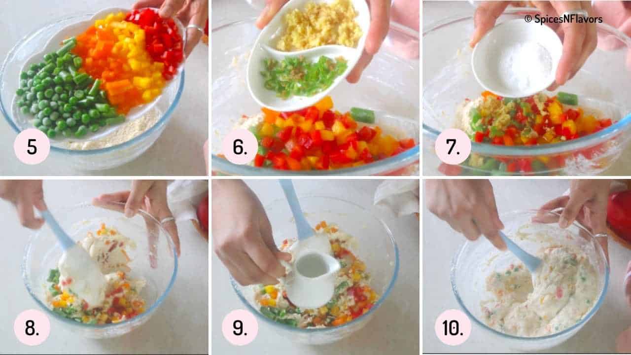 collage of steps showing how to make the batter by adding vegetables and other condiments