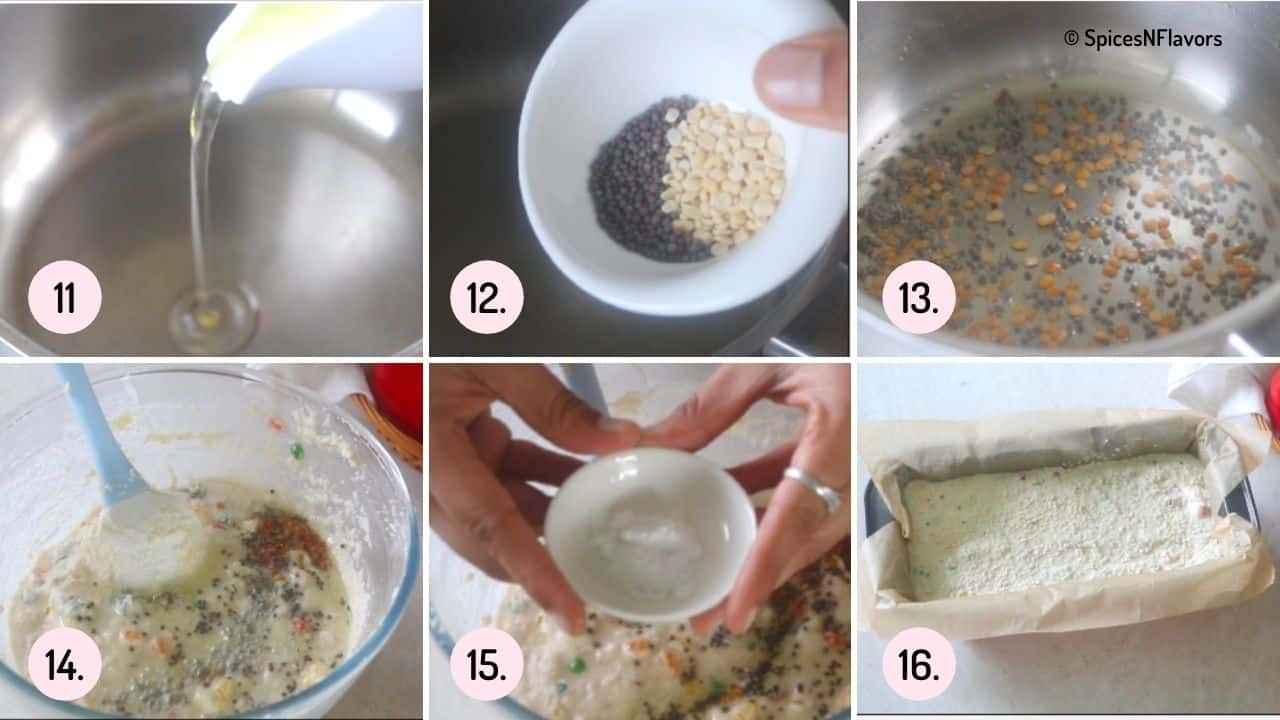 collage of steps to make the tadka on top alongwith getting the cake batter into the baking pan