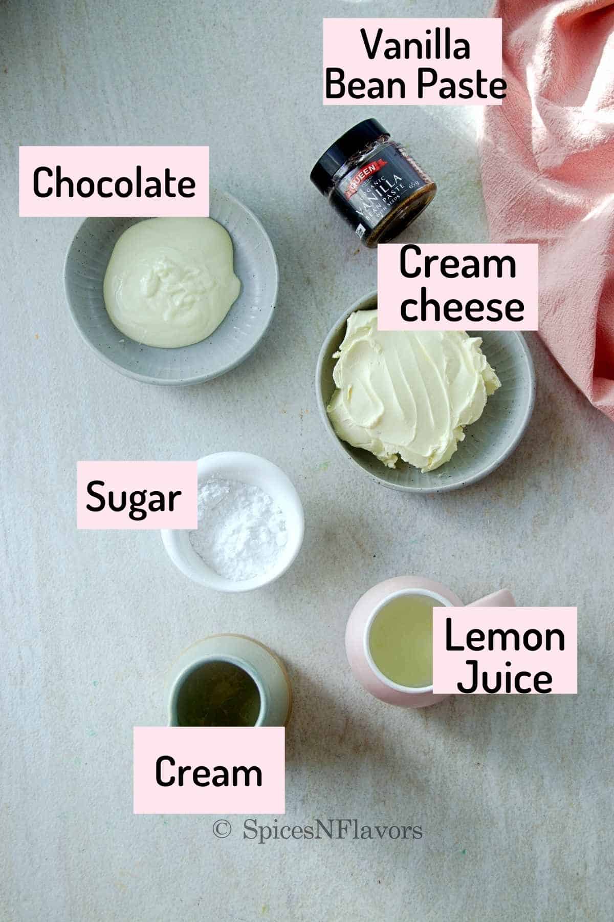 ingredients needed to make no bake cheesecake placed on a marble top