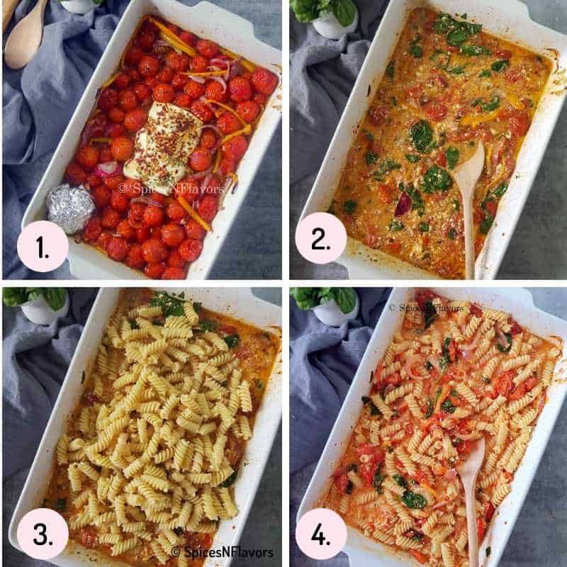 collage of steps explaining how to make feta pasta
