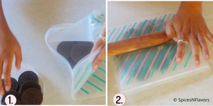 crushing oreo cookies using a rolling pin in a zip lock bag