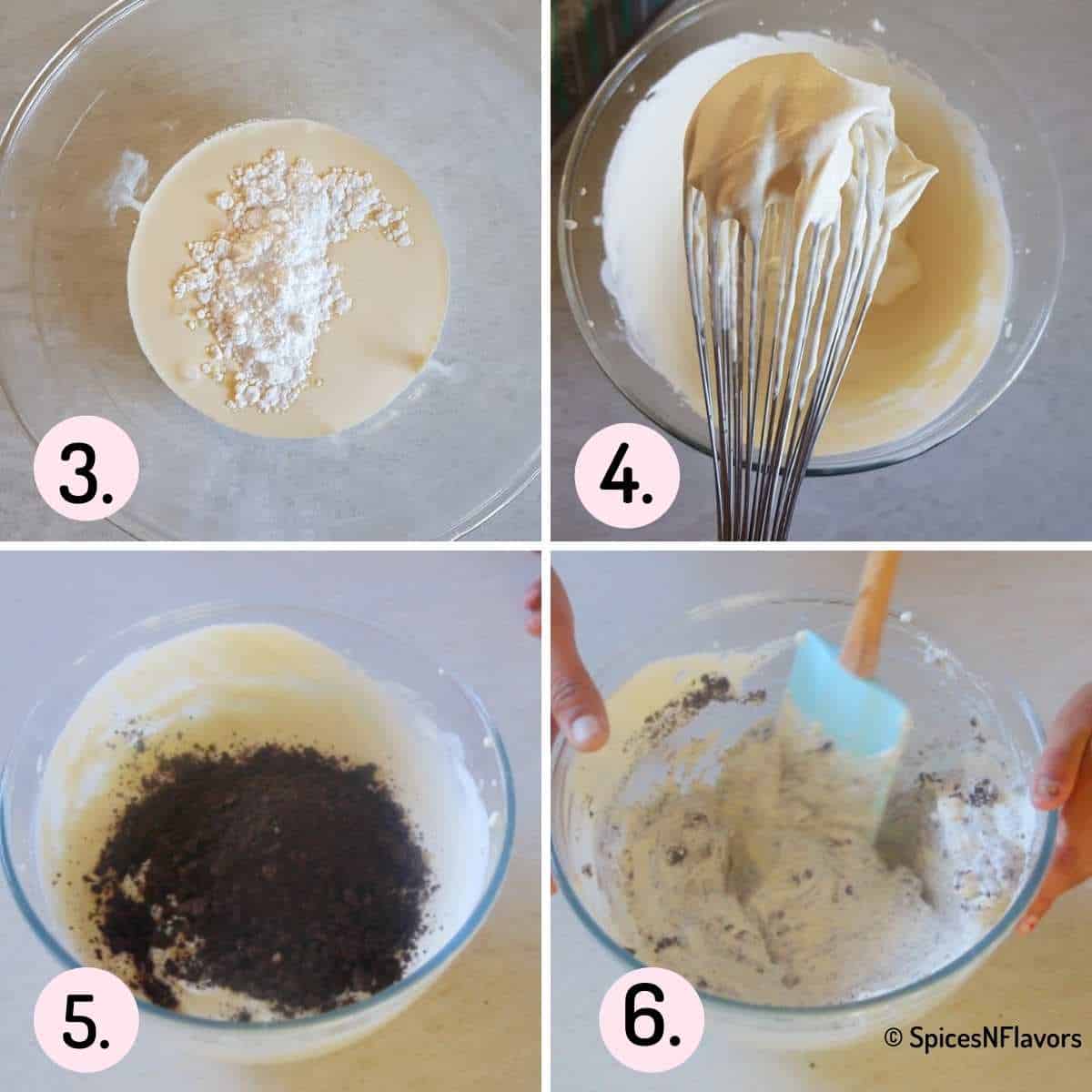 collage of steps explaining how to add crushed oreos to whipped cream
