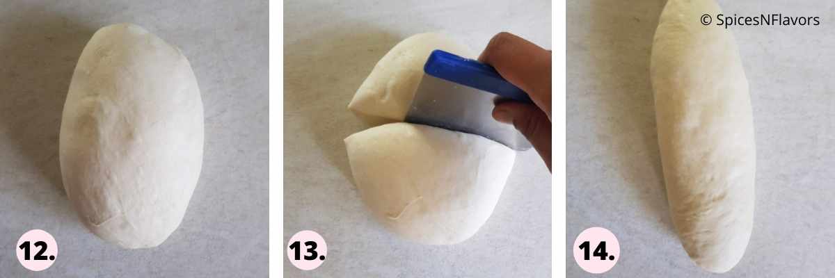 collage of steps explaining how to shape the bread dough