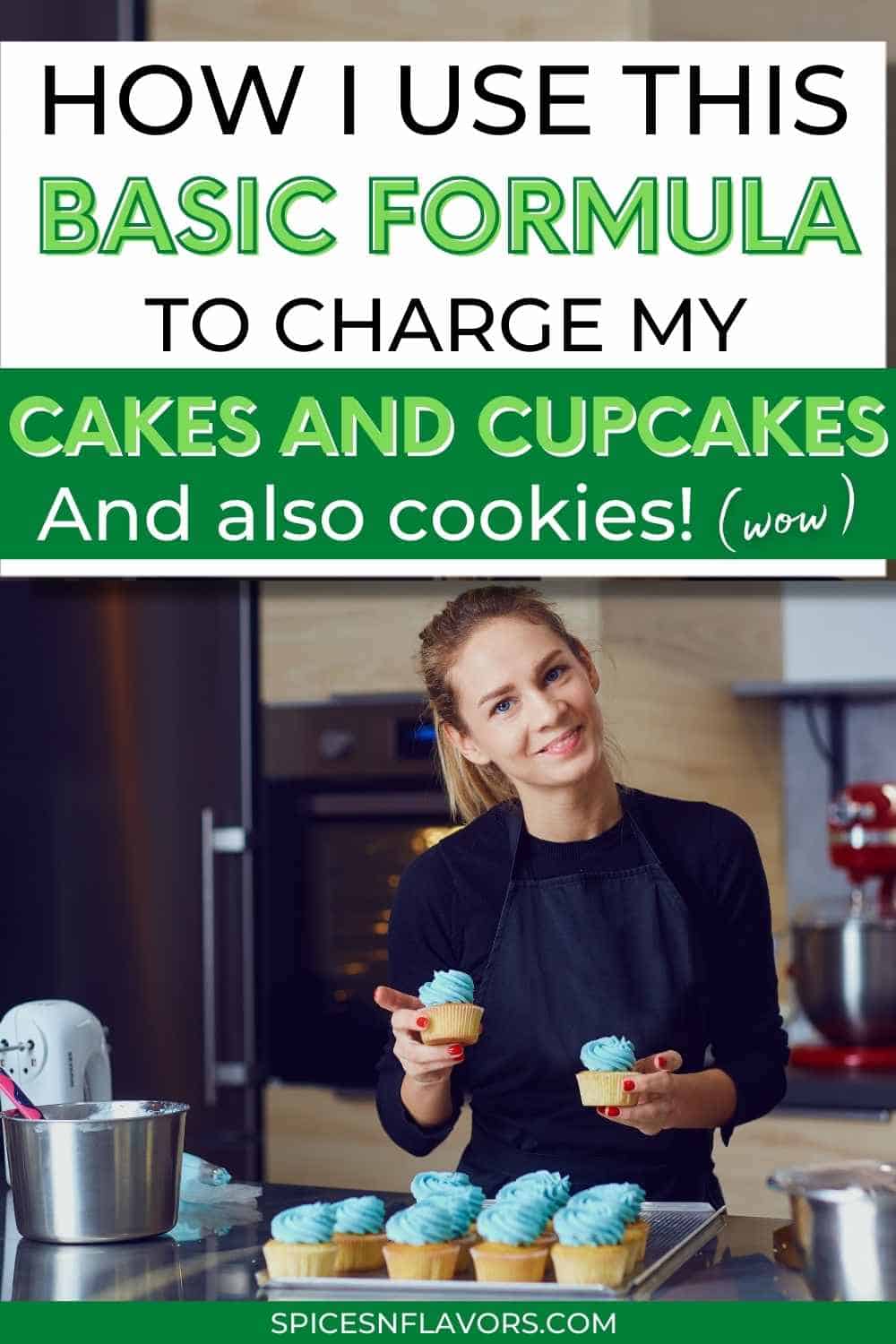 confident woman holding cupcake with text stating how to use the formula to calculate price of cake