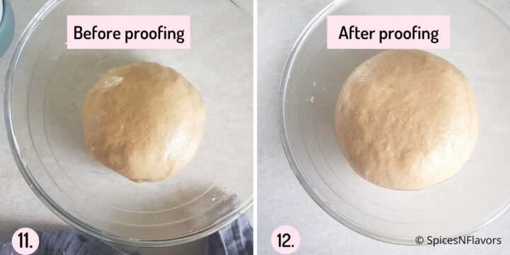 collage of bread dough showing the before and after image of bread dough proofing